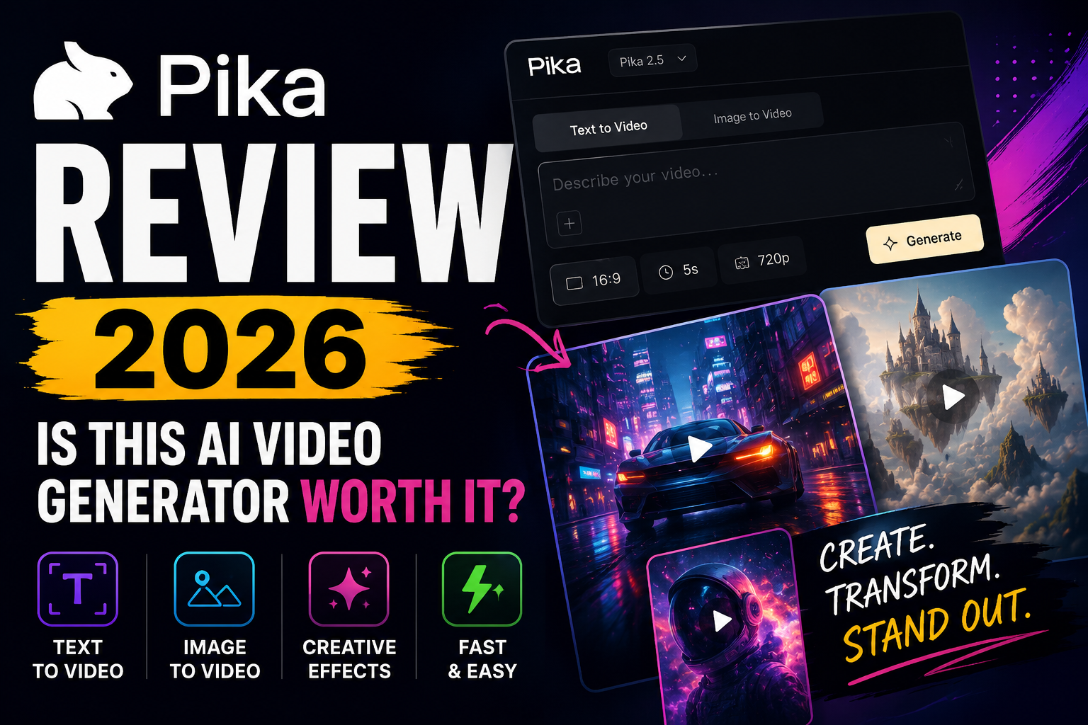 Pika Review 2026 featured image showing the Pika AI video generation interface, sample AI-generated videos, and review branding