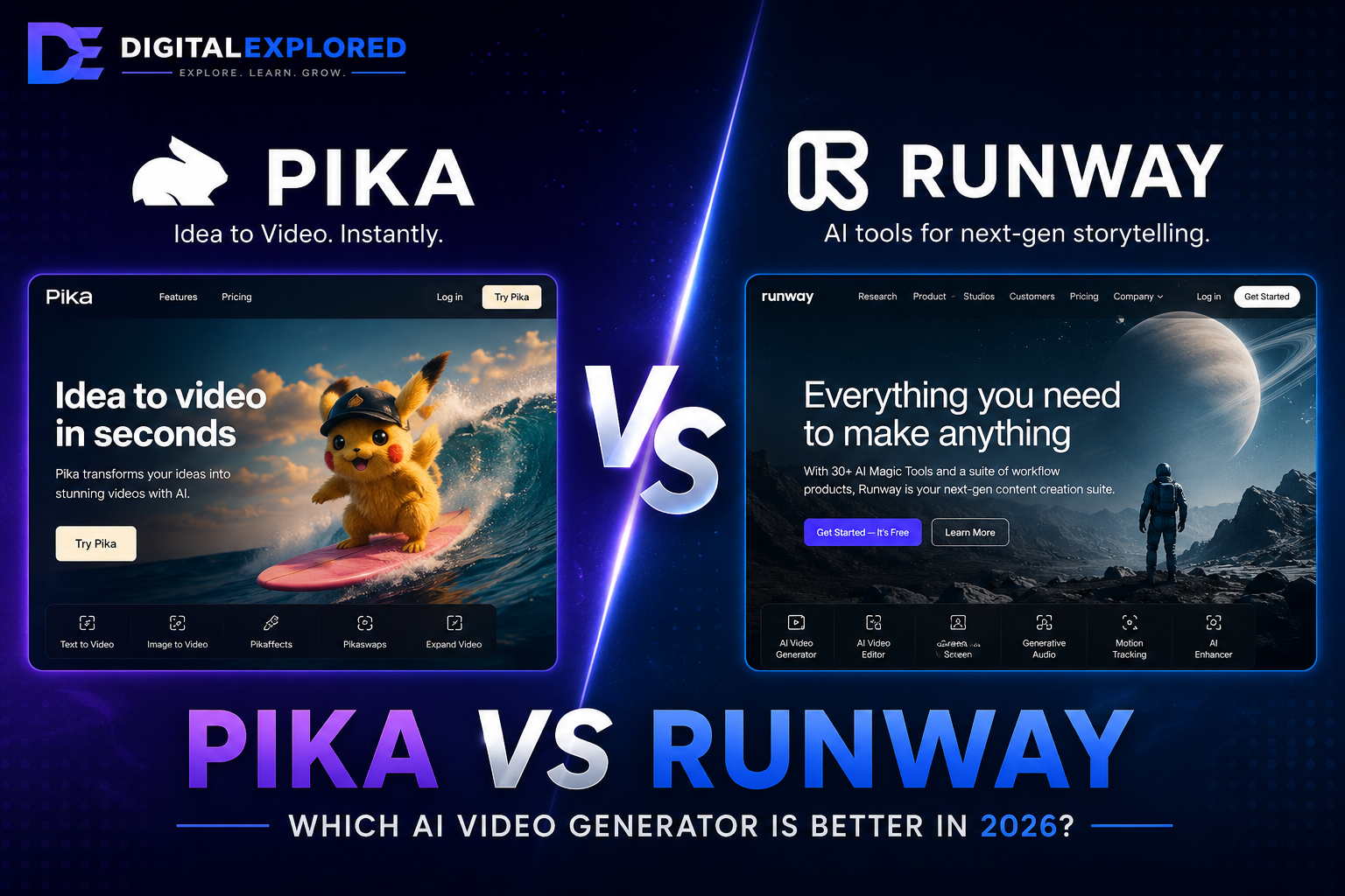 Pika vs Runway comparison showing the two AI video generators with the DigitalExplored logo