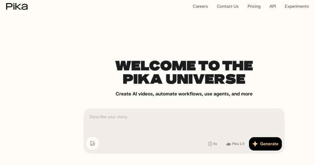 Pika AI video generation dashboard showing the prompt box, generation modes, and video settings