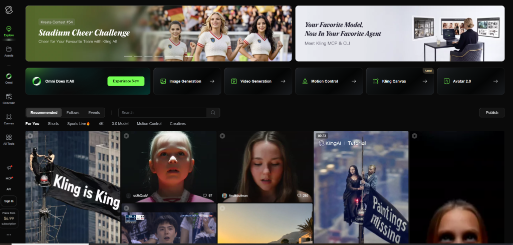 Kling AI dashboard with AI video generation tools and creative workspace