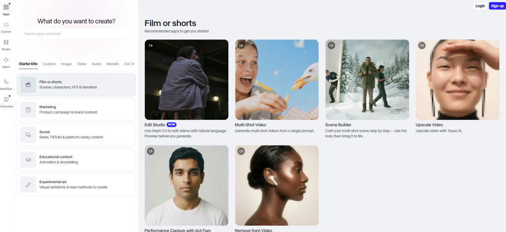 Runway dashboard showing AI video generation tools and creative project workspace
