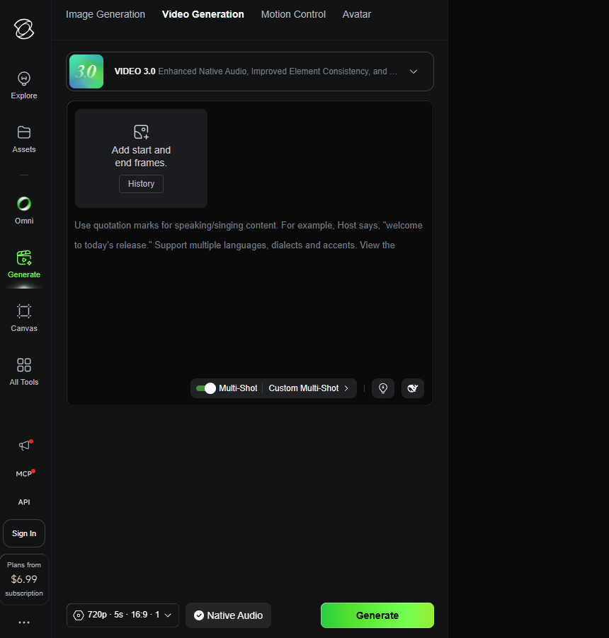 Kling AI text-to-video generation interface with prompt and generation settings