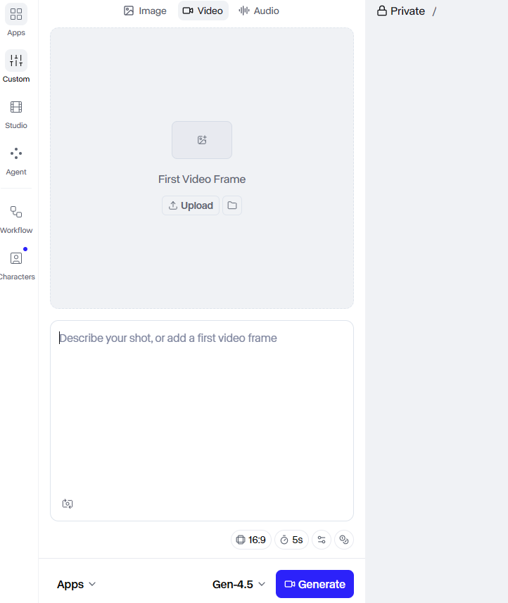 Runway text-to-video interface with prompt editor and video generation controls