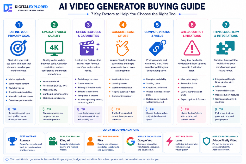 AI video generator buying guide infographic explaining seven key factors for choosing the best AI video generation tool, with recommendations for Runway, Kling AI, Pika, Google Veo, Luma, and Adobe Firefly