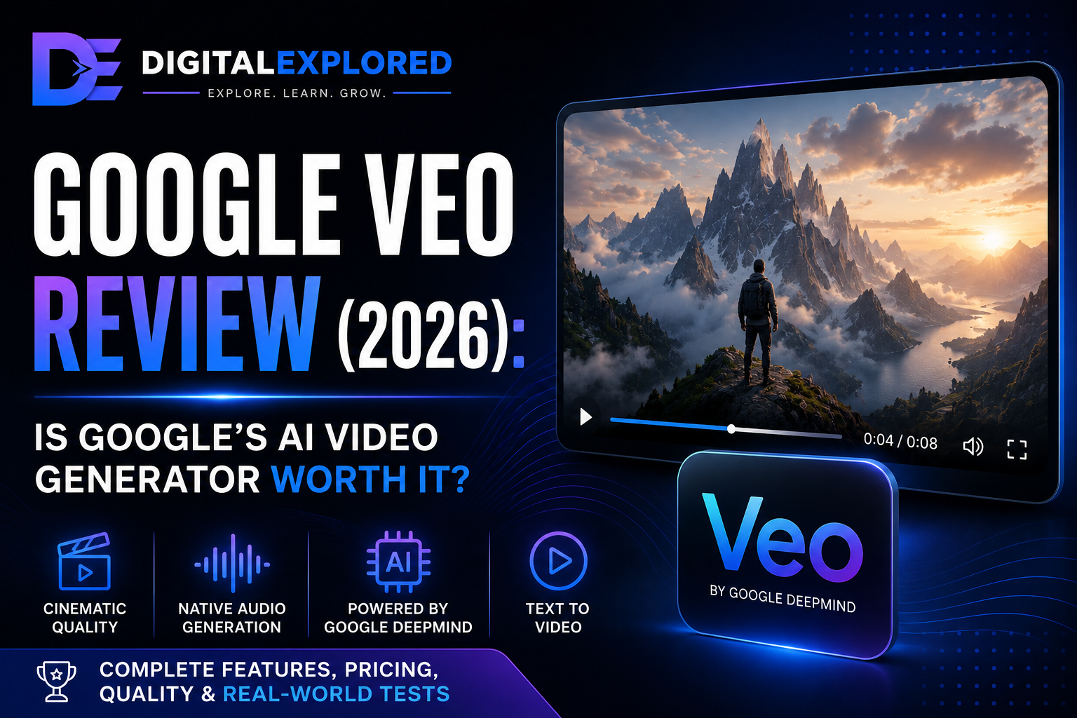 Google Veo Review 2026 featured image showing Google's AI video generator with cinematic video preview