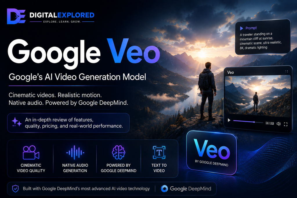Google Veo review hero graphic highlighting Google's AI video generation model, cinematic video quality, native audio generation, and Google DeepMind integration