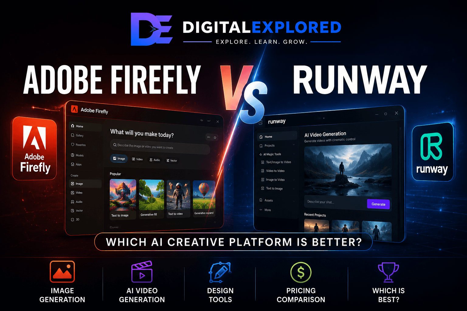 Adobe Firefly vs Runway comparison featuring AI video, image generation and design tools