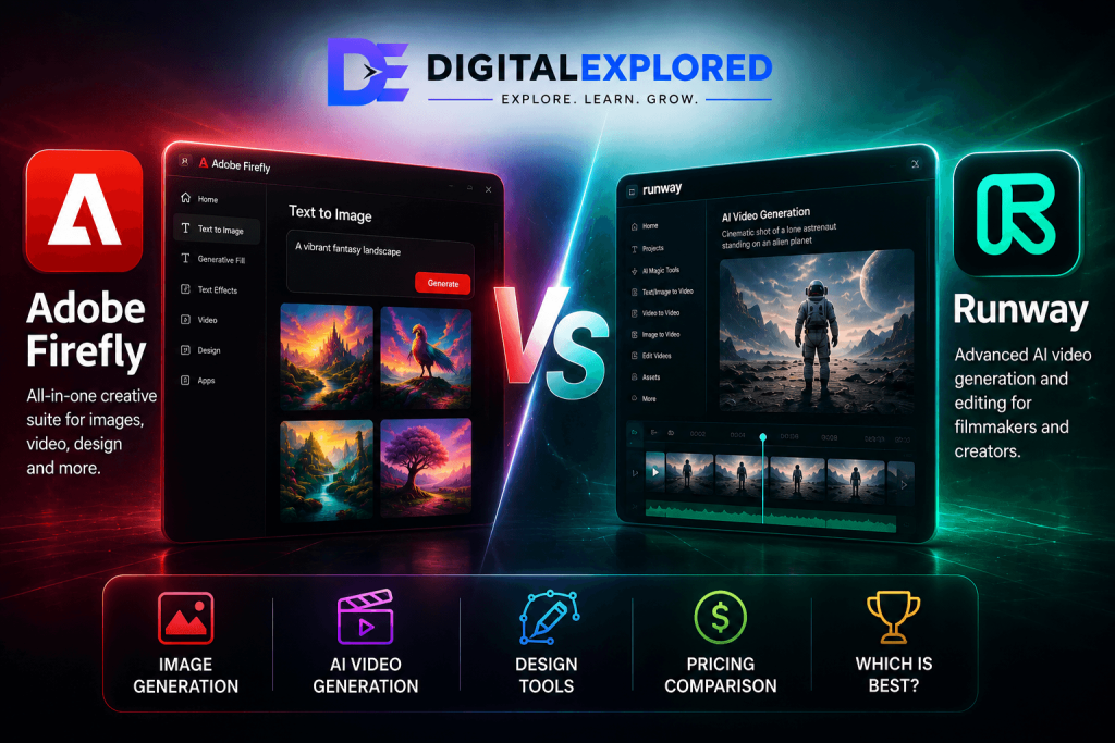 Adobe Firefly vs Runway comparison of AI image, video and design tools