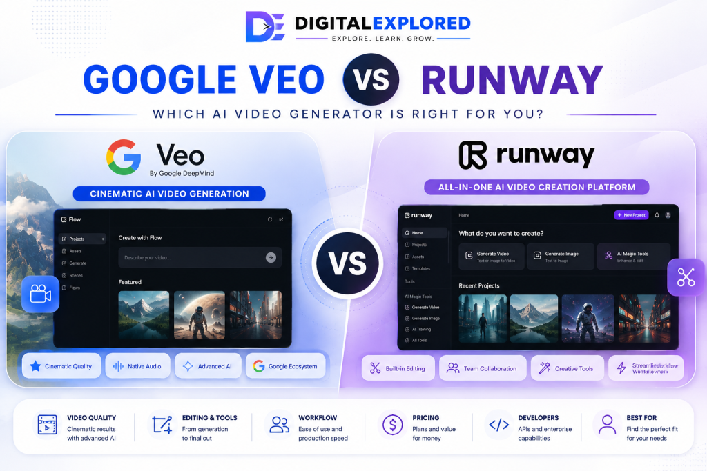 Google Veo vs Runway hero graphic comparing AI video generation, editing tools, workflow, pricing, and developer features