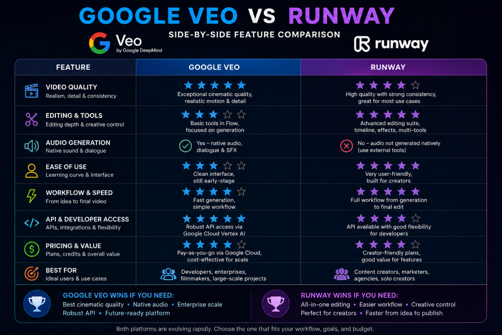 Google Veo vs Runway comparison table showing differences in video quality, editing tools, workflow, pricing, APIs, and best use cases