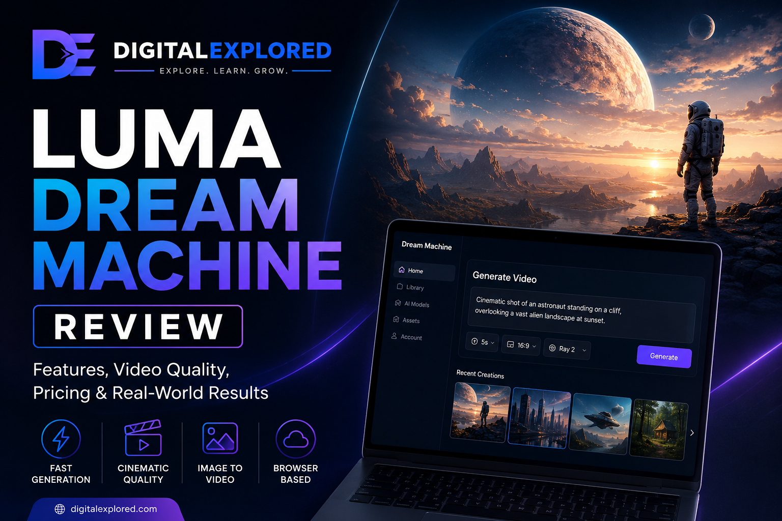 Luma Dream Machine Review featured image showing the Luma AI interface, cinematic AI video generation, and DigitalExplored branding