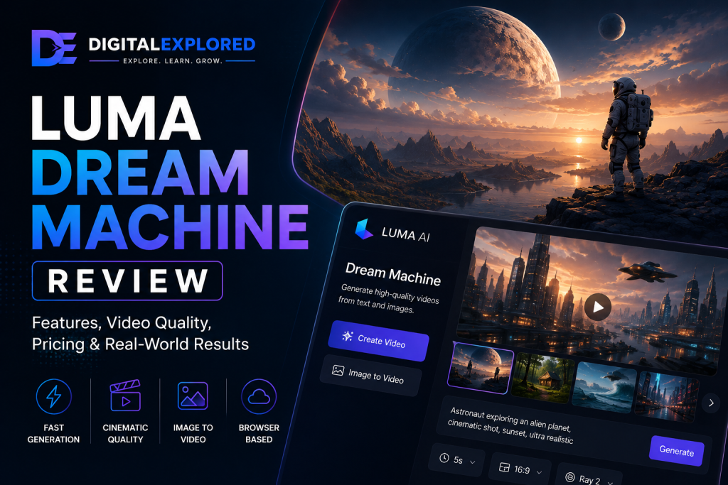 Luma Dream Machine Review hero graphic highlighting AI video generation, image-to-video features, cinematic quality, and the Luma Dream Machine interface