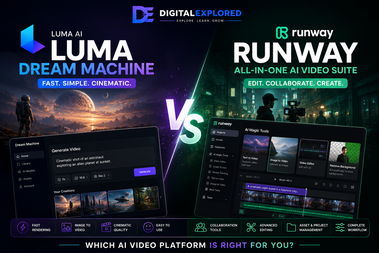Luma Dream Machine vs Runway comparison featured image showing both AI video generation platforms, their interfaces, and DigitalExplored branding