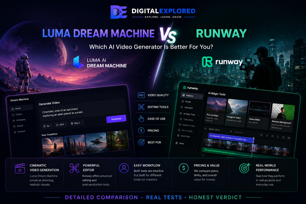 Luma Dream Machine vs Runway hero graphic comparing AI video generation quality, editing tools, workflow, pricing, and overall features