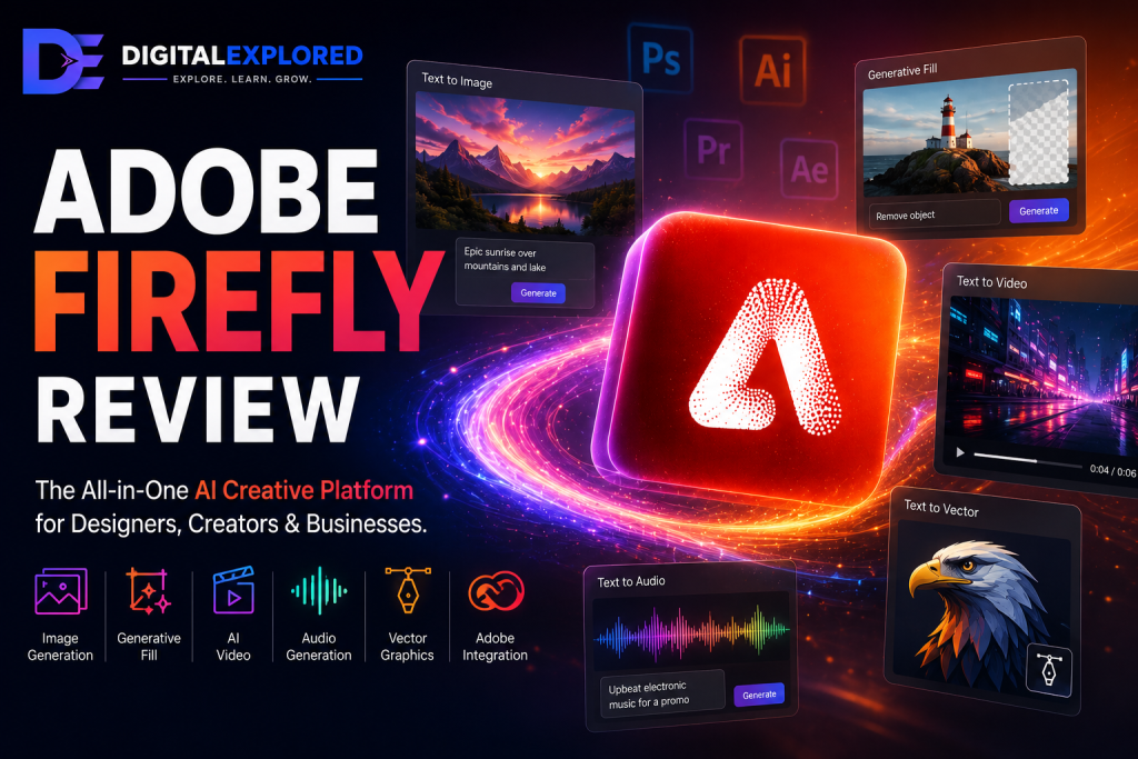 Adobe Firefly Review hero graphic featuring AI image, video, audio, vector and generative editing tools