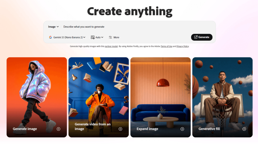 Adobe Firefly dashboard showing AI image, video and creative tools