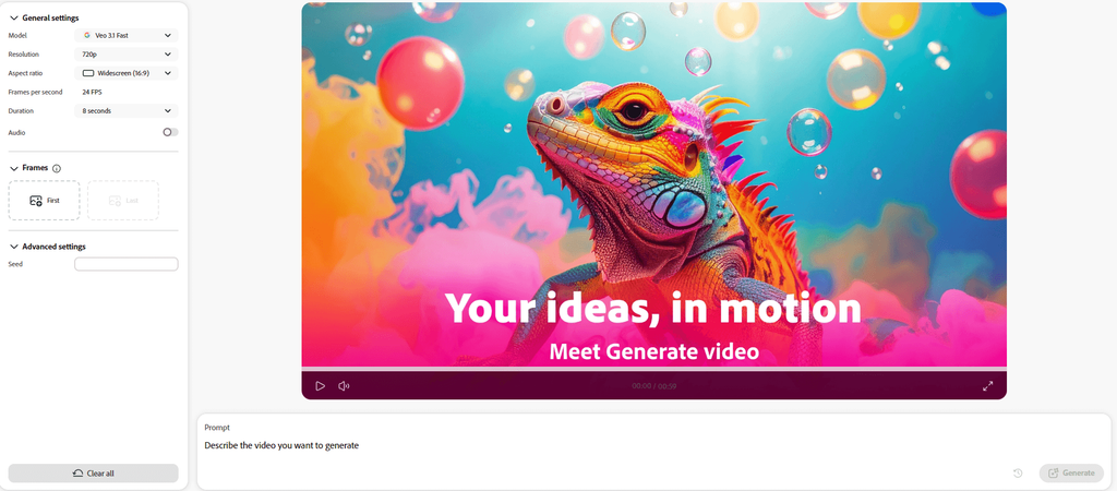 Adobe Firefly AI video generation screen showing video creation tools and settings