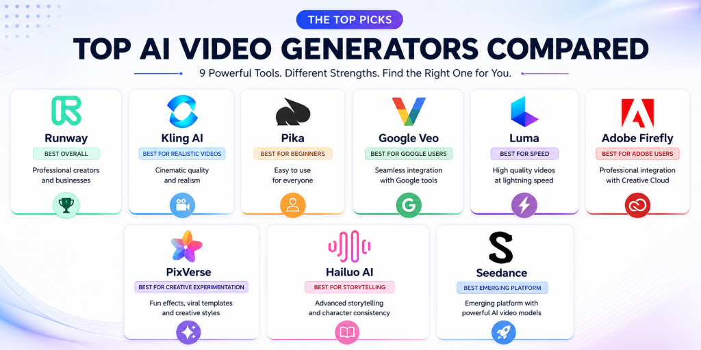 Comparison infographic of the best AI video generators including Runway, Kling AI, Pika, Google Veo, Luma, Adobe Firefly, PixVerse, Hailuo AI, and Seedance