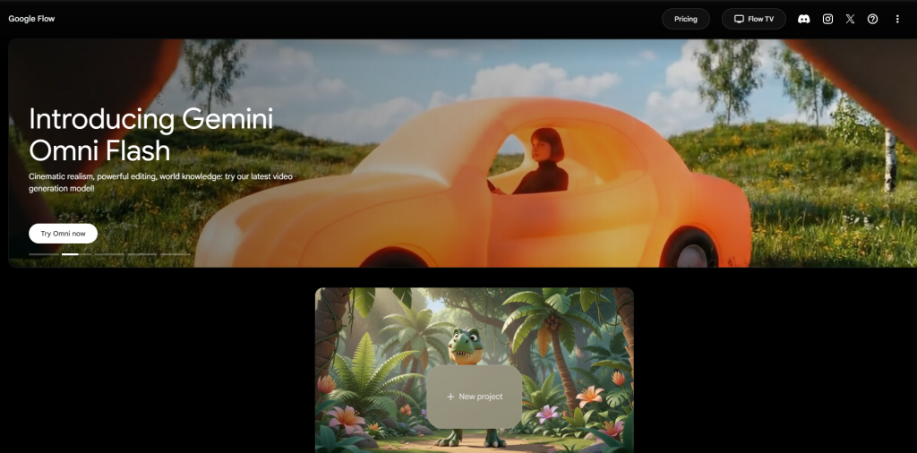 Google Flow homepage showcasing the Google Veo AI video generation platform